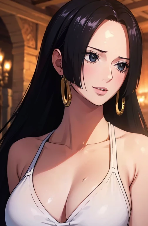 best quality, masterpiece, highly detailed,1girl, Boa Hancock, (masterpiece:1.5), Detailed Photo, Smiling, Sexy, (8K, Photorealistic, Best Quality: 1.4), (1girl), Beautiful Face, (anime realistic Face), (Black Hair, long Hair: 1.3), Beautiful Hairstyle, Realistic eyes, beautiful detail eyes, (realistic skin), beautiful skin, (sweater), absurd, attractive, ultra high resolution, ultra realistic, high definition, golden ratio, (sexually aroused:1.5), wear a white bra
