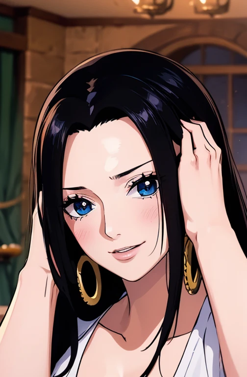 best quality, masterpiece, highly detailed,1girl, Boa Hancock, (masterpiece:1.5), Detailed Photo, Smiling, Sexy, (8K, Photorealistic, Best Quality: 1.4), (1girl), Beautiful Face, (anime realistic Face), (Black Hair, long Hair: 1.3), Beautiful Hairstyle, Realistic eyes, beautiful detail eyes, (realistic skin), beautiful skin, (sweater), absurd, attractive, ultra high resolution, ultra realistic, high definition, golden ratio, (sexually aroused:1.5), wear a white bra