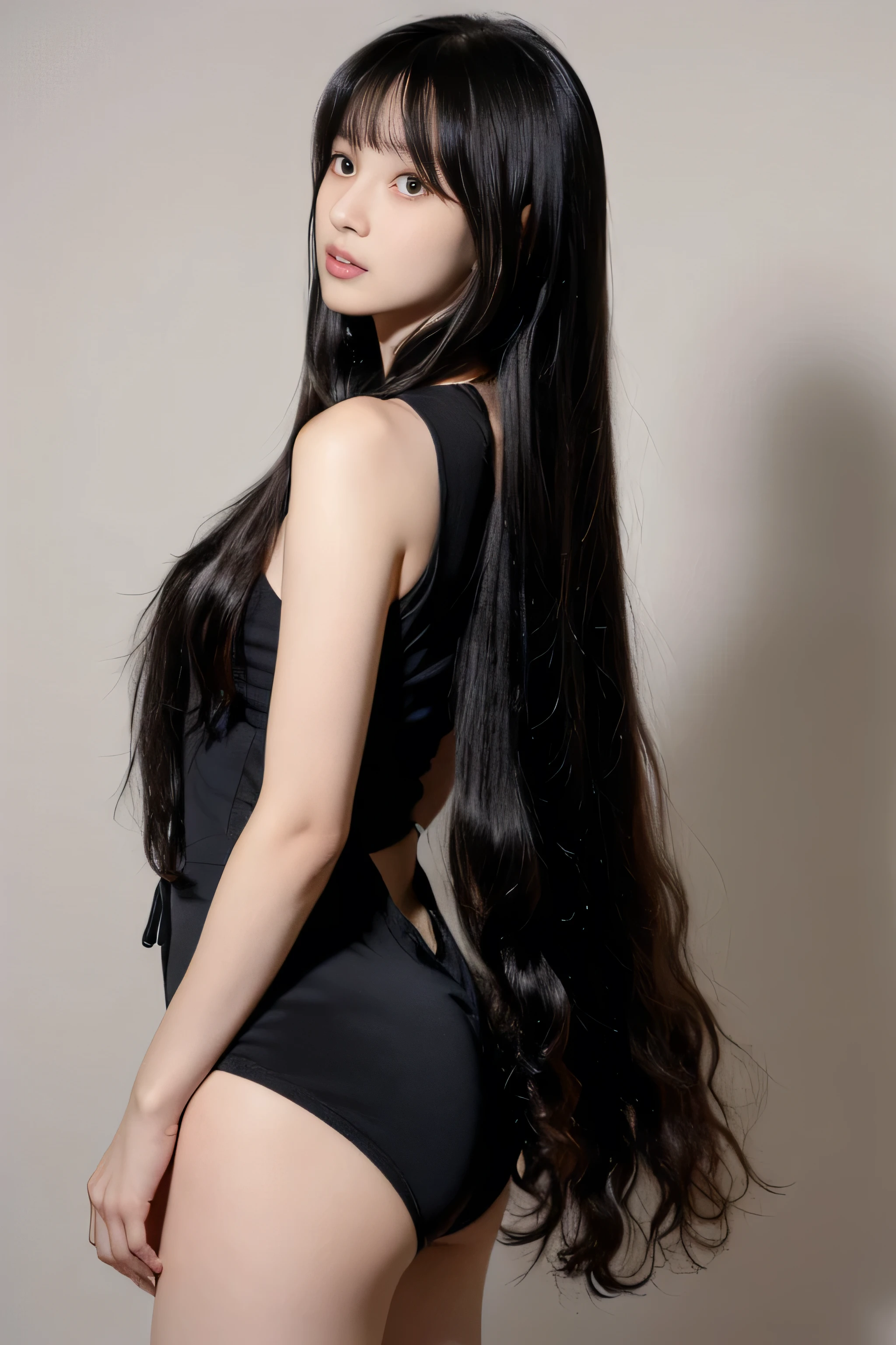 (Pure white wall background:1.8. Upper body photo from the knees up)　((Random poses showing as much back and hair as possible:1.5))　((Beautiful 12-year-old junior high school girl with long black hair, girl with super length Hair, extremely length Hair, extra length Hair, very long, Flowing Hair, very length Hair, length Hair girl, very long, Flowing black hair, length Hair windy, Very long black hair, length, Flowing Hair, length and or curly hair, with length Hair, length Hair!!!!　Her highest quality hair is long and 真っ直ぐ or curly hair very long, highest quality black hair, length hair in the center, Highest quality long Straight or curly hair, length, Straight or curly hair, beautiful, High quality hair, length and free black highest quality Straight or curly hair, length Hair, length and Straight or curly hair, highest quality black hair, Perfect silky Straight or curly hair of the highest quality, Straight or curly hair, highest quality black hair, length black Straight or curly hair, length, Thin black hair　Her hair is long and Straight or curly hair, very long black hair, length hair in the center, length Straight or curly hair, length, Straight or curly hair, beautiful hair of the highest quality, length Hair, length, Straight or curly hair black hair, length and free Straight or curly hair black hair, Straight or curly hair black hair))　(Her bangs are perfect.:1.3)　(Japan&#39;The cutest 12 year old hair model)　　((highest quality)), ((masterpiece)), (Familiar)　(Get used to it)　Perfect Face　　(Her skin is a typical Japanese skin color.、And very detailed)　　(Big Breasts)　(She is wearing a light blue skirt and a white blouse....)　(She has a beautiful face and a slim figure..., Narrow eyes)　(She has perfect beautiful makeup and face　Lipstick is light red　A solid eyeliner)　((Rich 1.4))　(Extremely detailed 8K)　(Ultra-fine skin texture 1.4)　(Actual, Vibrant:1.4), double eyelid　Sharp focus:1.2、Beautiful woman:1.4　Dynamic Lighting　(Genuine RAW photos taken by professional photographers)　(Her long bangs、Well Organized)　Professionally lit from the front　(She has a bright and cheerful face)　