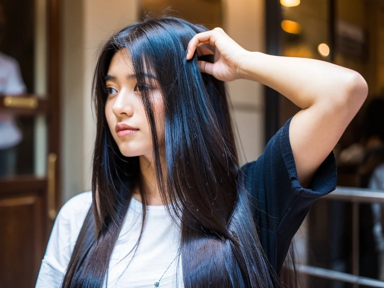 A realistic image of a cool girl having silky hairs