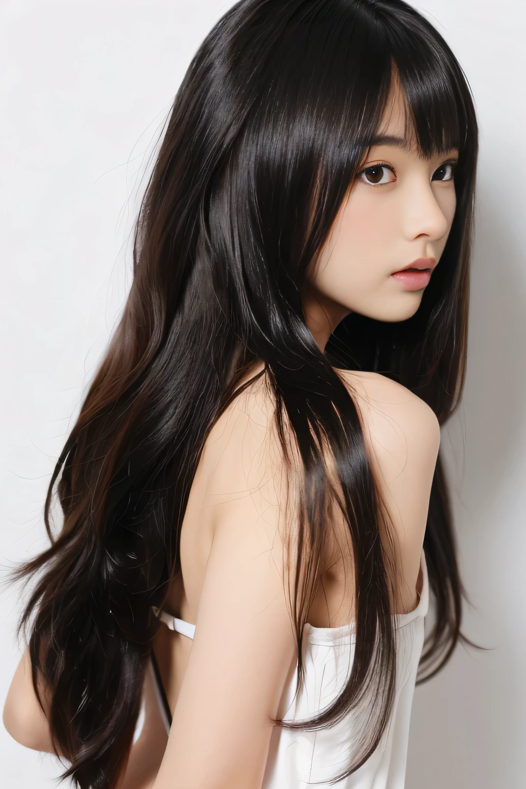 (Pure white wall background:1.8. Upper body photo from the knees up) ((Random poses showing as much back and hair as possible:1.5)) ((長い黒髪のbeautiful12歳の女子中学生, girl with super length Hair, extremely length Hair, extra length Hair, very long, Flowing Hair, very length Hair, length Hair girl, very long, Flowing black hair, length Hair windy, very long黒髪, length, Flowing Hair, length and or curly hair, with length Hair, length Hair!!!! Her highest quality hair is long and 真っ直ぐ or curly hair very long, highest quality black hair, length hair in the center, Highest quality long Straight or curly hair, length, Straight or curly hair, beautiful, High quality hair, length and free black highest quality Straight or curly hair, length Hair, length and Straight or curly hair, highest quality black hair, Perfect silky Straight or curly hair of the highest quality, Straight or curly hair, highest quality black hair, length black Straight or curly hair, length, Thin black hair Her hair is long and Straight or curly hair, very long black hair, length hair in the center, length Straight or curly hair, length, Straight or curly hair, beautiful hair of the highest quality, length Hair, length, Straight or curly hair black hair, length and free Straight or curly hair black hair, Straight or curly hair black hair)) (Her bangs are perfect.:1.3) (Japan'The cutest 12 year old hair model) ((highest quality)), ((masterpiece)), (Familiar) (Get used to it) Perfect Face (Her skin is a typical Japanese skin color.、And very detailed) (Big Breasts) (She is wearing a light blue skirt and a white blouse.....) (彼女はbeautiful顔とスリムな体型をしている..., Narrow eyes) (彼女は完璧なbeautifulメイクと顔を持っています Lipstick is light red A solid eyeliner) ((Rich 1.4)) (Extremely detailed 8K) (Ultra-fine skin texture 1.4) (Actual, Vibrant:1.4), double eyelid Sharp focus:1.2、Beautiful woman:1.4 Dynamic Lighting (Genuine RAW photos taken by professional photographers) (Her long bangs、Well Organized) Professionally lit from the front (She has a bright and cheerful face)
