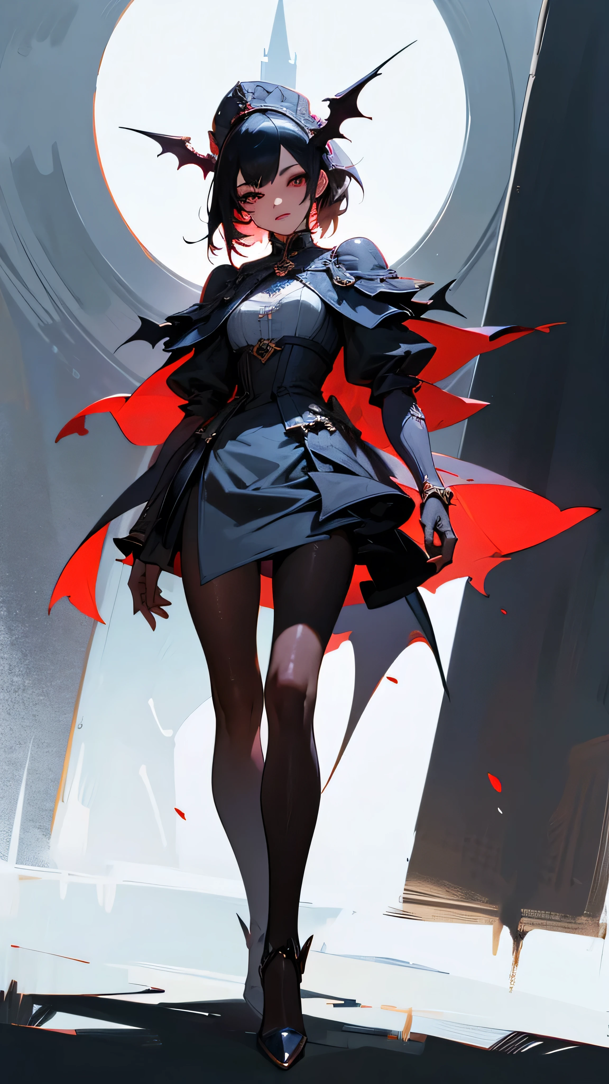 UHD, retina, masterpiece, accurate, anatomically correct, textured skin, super detail, high details, high quality, award winning, best quality, high resolution, 1girl, vampire, full body, standing, beautiful face, castle background