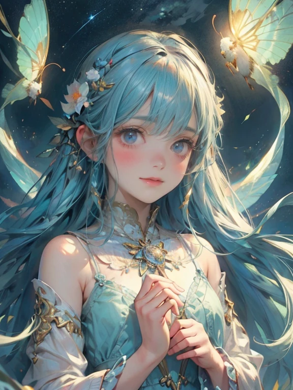 (best quality,4k,highres,masterpiece:1.2),beautiful detailed eyes,beautiful detailed lips,extremely detailed eyes and face,long eyelashes,floating,night meadow, Milky Way, starry sky, smiling face, 2fairies, firefly, nchanting, magical, ethereal, glowing, delicate, playful, soft, shimmering, surreal, dreamlike, whimsical, vibrant colors, gentle lighting