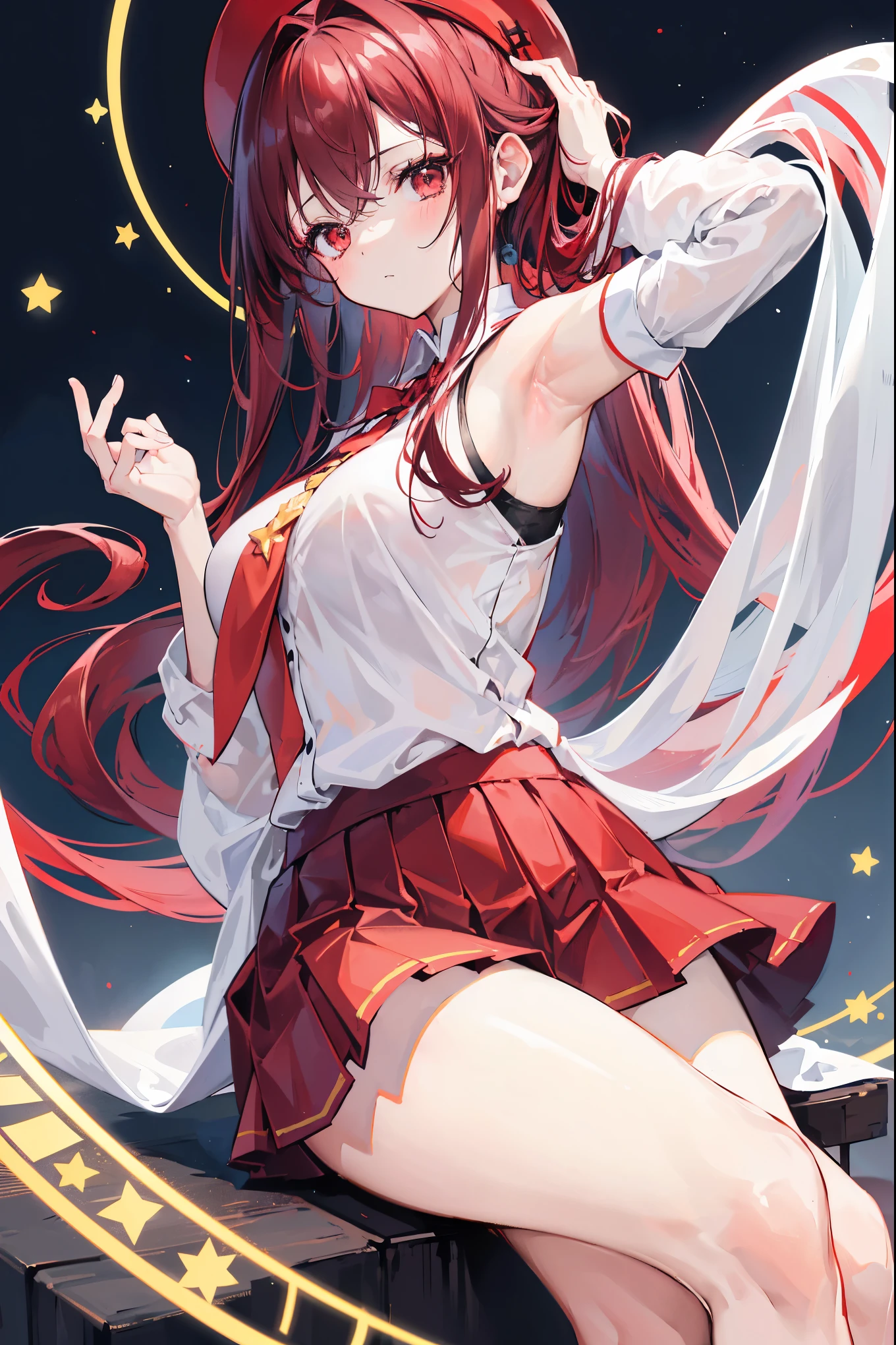 "anime girl, 1 person, dark red hair, shoulder length hair, dark red eyes, wearing a small hat, small hat, red hat with yellow trim,"((has a red star shaped energy circle on the back of her head))", wearing a shirt  Female with close-fitting eyelashes, uniform shirt, dark red skirt, big breasts, long stockings, blushing,"((raising her hand to tie her hair))", ((revealing her armpit)),sitting cross-legged, solo, looking straight, (full HD image  4K+)"