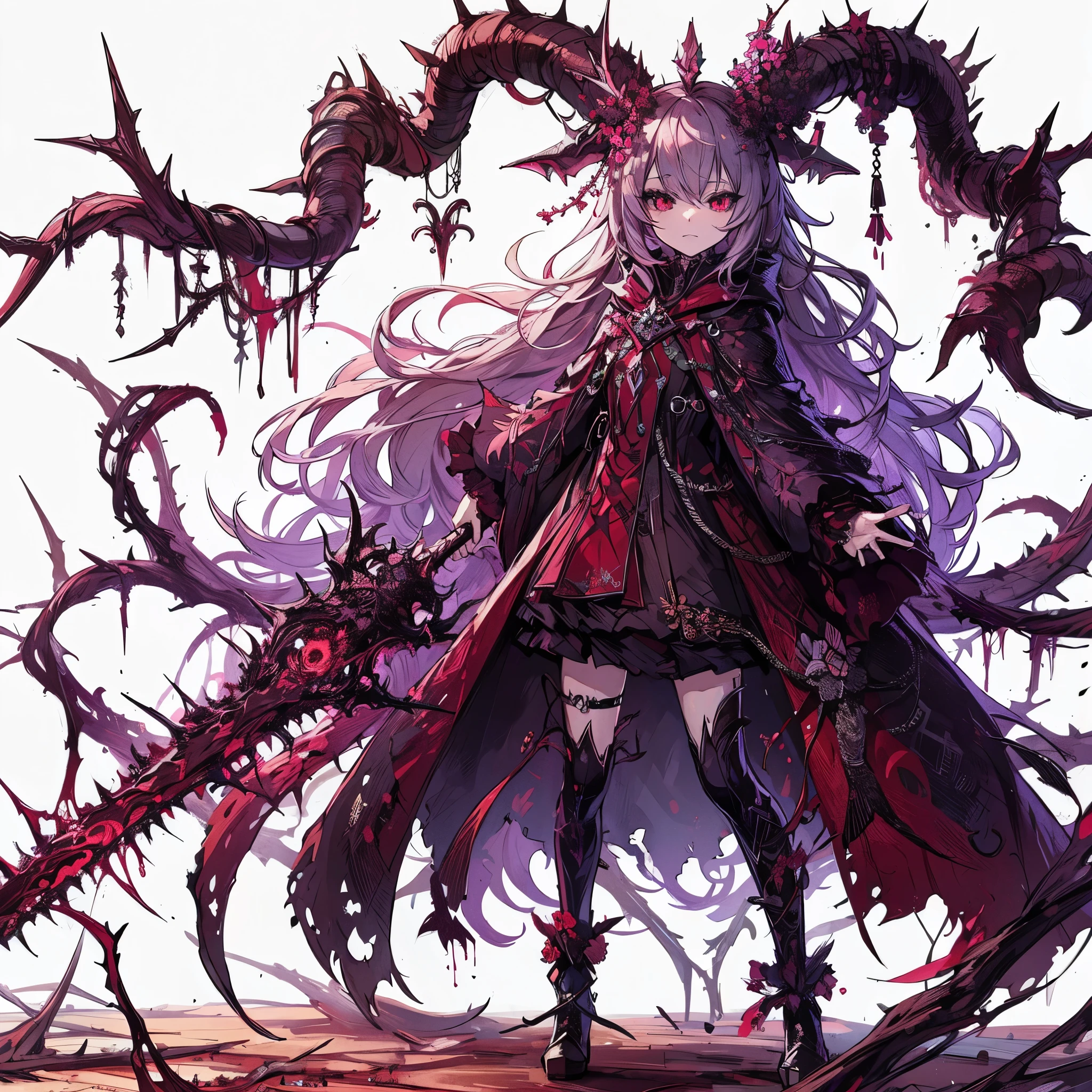 (Masterpiece, best quality), (detailed hair), ultra-detailed, anime style, solo, full body, Cyberpunk swordsman girl with twisted horns, Eastern European-like attire, reddish-purple flowers sprouting from the thorns. Creepy cloak, twisted sword covered in thorns. Horns like antelope, hooves on her feet. 8k high resolution, whole body, white background, standing in burned land
