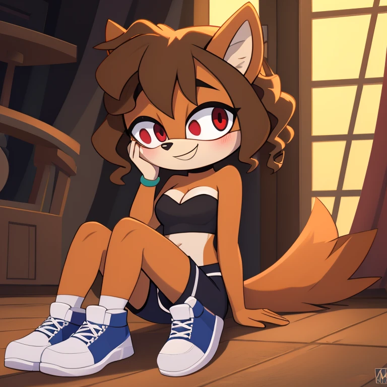 mobian, hedgehog, two-tone fur ((orange fur, brown fur)), pyjama elastic shorts, strapless crop top, cleavage, high-top sneakers, two-tone hair (brown hair, black tip)), curly hair, halo, sunglasses, jewelry, red eyes, longeyelashes, red eyes, smile, shy, blush, high detail, masterpiece, UHD, anatomically correct, super detail, highres, 4K