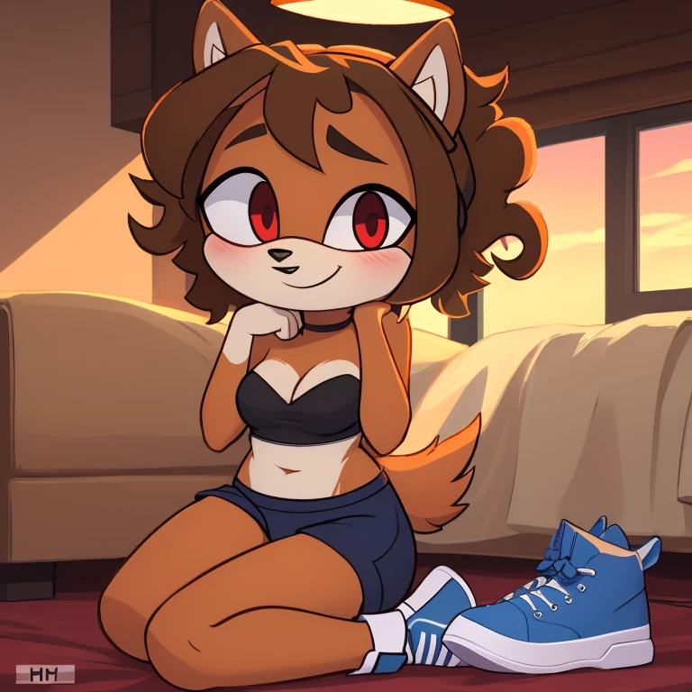 mobian, hedgehog, two-tone fur ((orange fur, brown fur)), pyjama elastic shorts, strapless crop top, cleavage, high-top sneakers, two-tone hair (brown hair, black tip)), curly hair, halo, sunglasses, jewelry, red eyes, longeyelashes, red eyes, smile, shy, blush, high detail, masterpiece, UHD, anatomically correct, super detail, highres, 4K