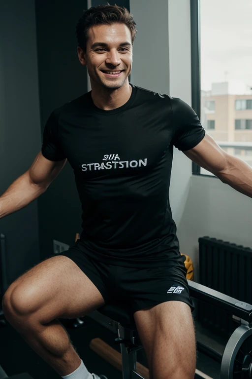happy man doing sport on a crosstrainer with black t-shirt