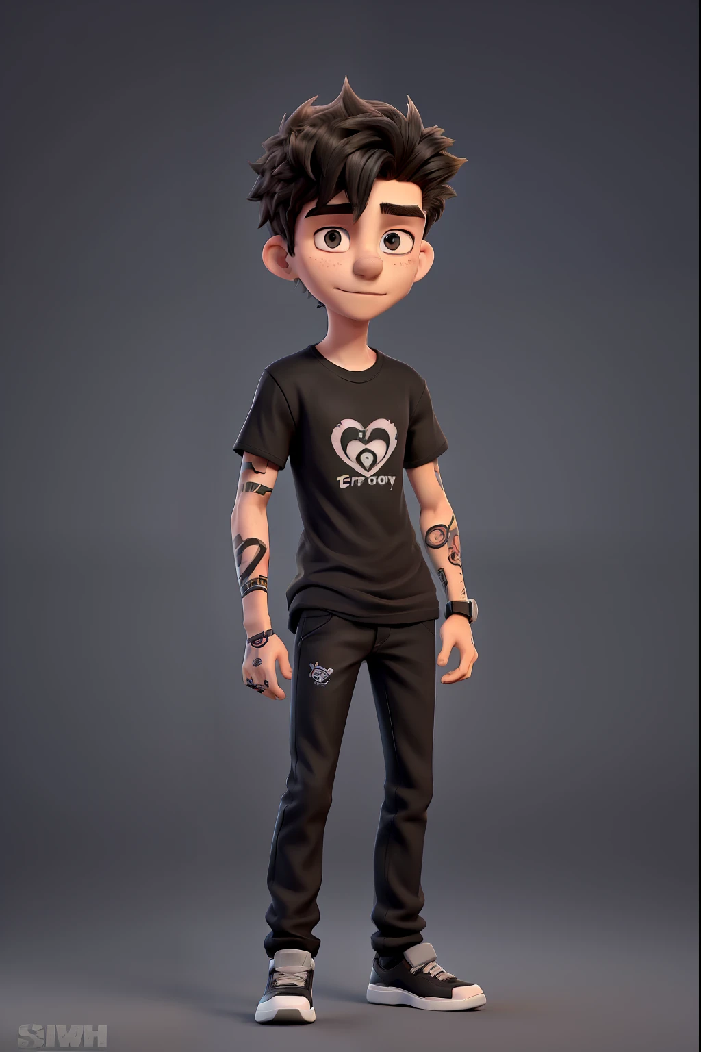 18-year-old man with black shirt, tattoo on his left arm, shaved hair
