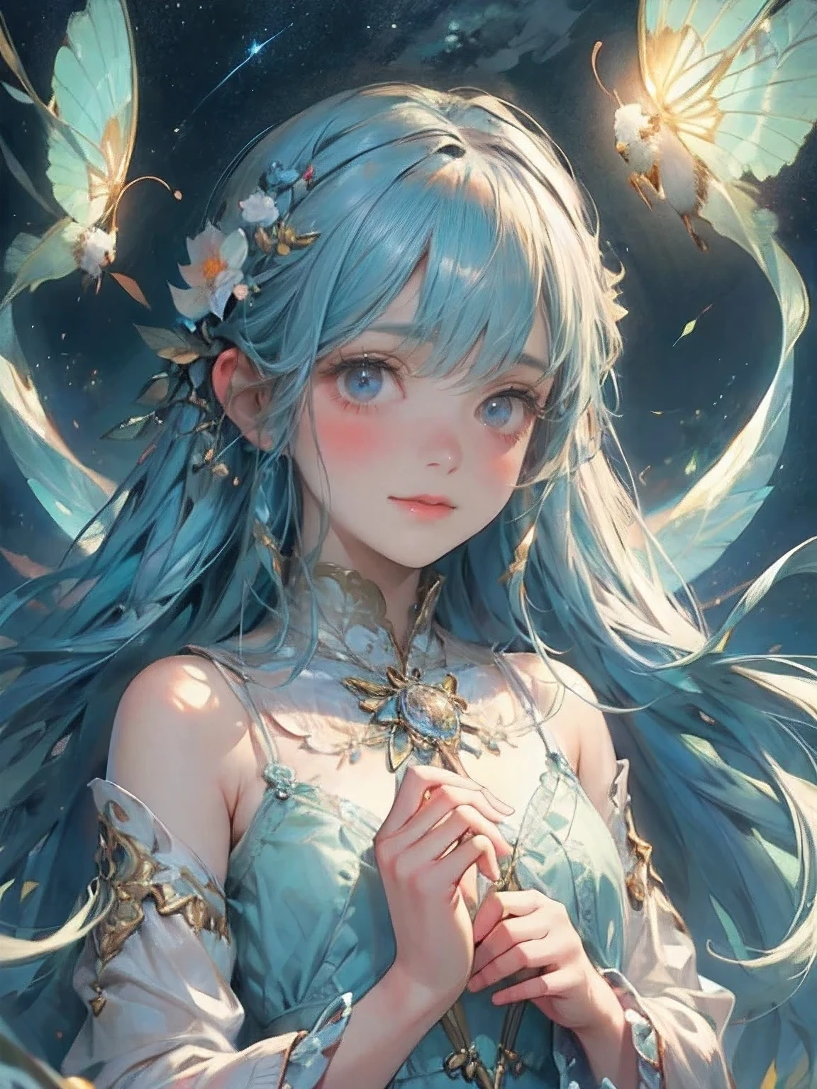 (best quality,4k,highres,masterpiece:1.2),beautiful detailed eyes,beautiful detailed lips,extremely detailed eyes and face,long eyelashes,floating,night meadow, Milky Way, starry sky, smiling face, 2fairies, firefly, nchanting, magical, ethereal, glowing, delicate, playful, soft, shimmering, surreal, dreamlike, whimsical, vibrant colors, gentle lighting