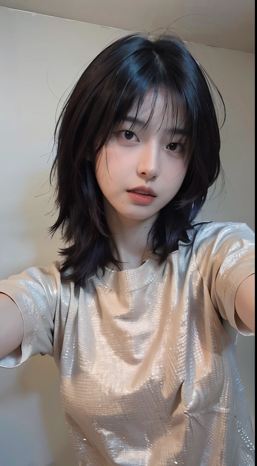 8k,best quality, masterpiece, Ultra-high resolution, (Reality:1.4), original photo, (Realistic skin texture:1.3), (Film Grain:1.3), (Selfie Angle),1 Girl,Beautiful and detailed eyes and face,masterpiece, best quality,close up,Upper Body, Wolf cuts hair, Small Breasts，nude
