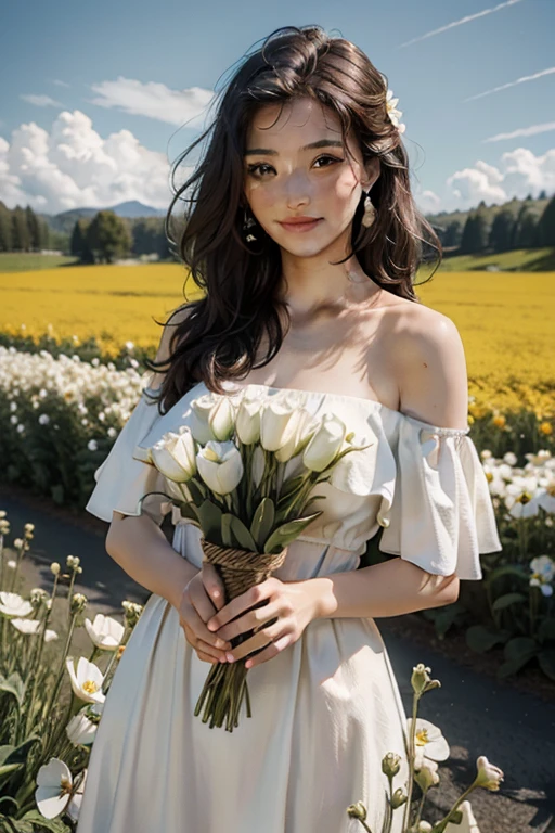 highest quality, masterpiece, Ultra-high resolution, (Realistic:1.4), RAW Photos, One girl, White Dress, Off the shoulder, Flower Field, Glowing Skin, A light smile