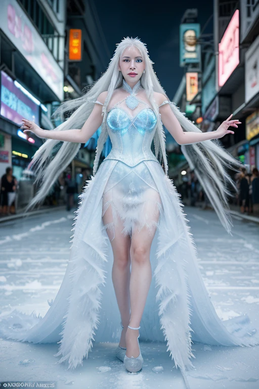 portrait, full body, A Ice princess so beautiful, white long hair, dress made from ice crystals, standing beside A frozen monster, both standing on bangkok street in summer of thailand, realistic, sony a7 mark 4