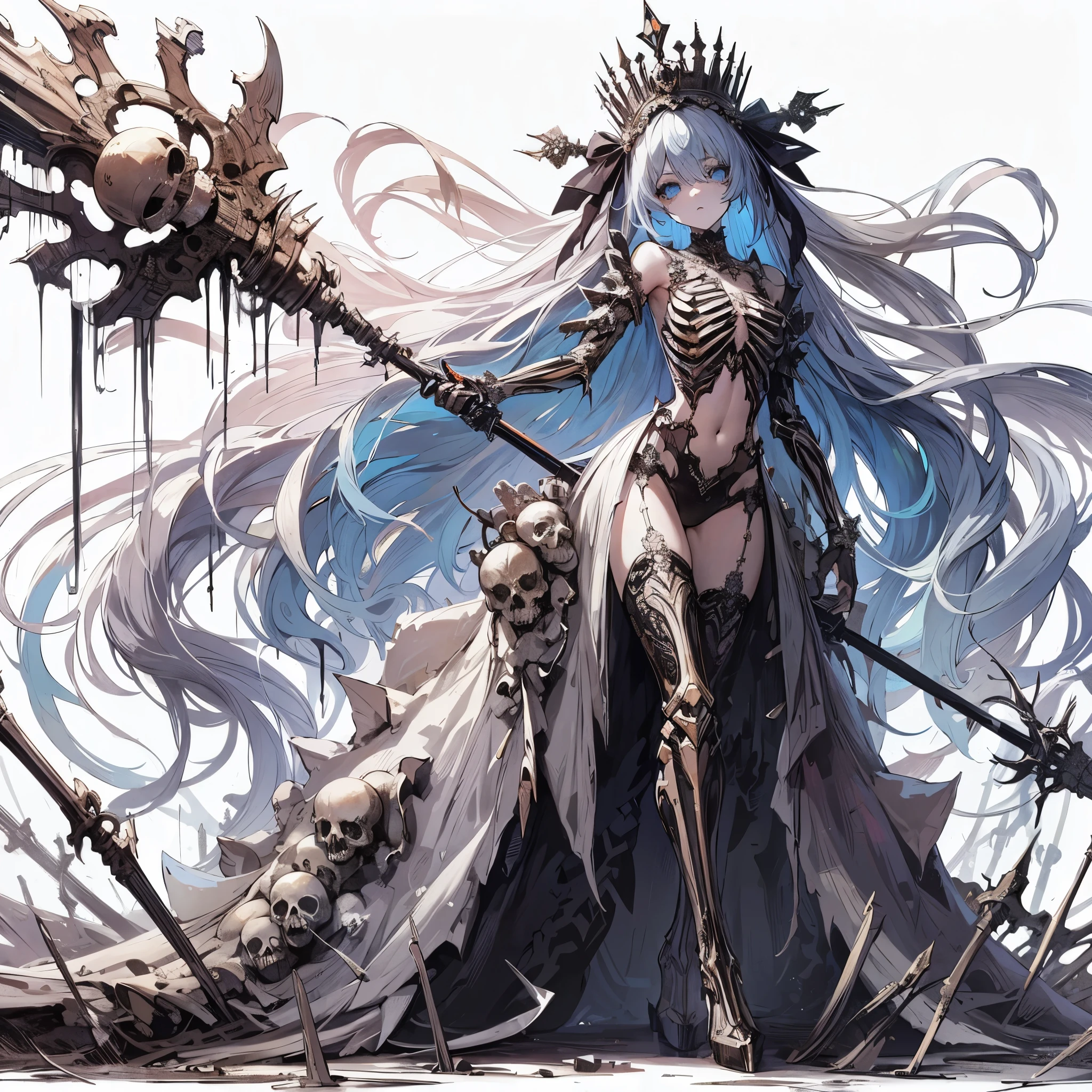 (Masterpiece, best quality), (detailed hair), ultra-detailed, anime style, solo, full body, Cyberpunk undead girl, crowned with a crown of skull. and her body is wrapped by noble dead clothes. pale blue long hair, holds up a huge white bone cleaving pole-arm weapon, Ominous aura, black miasma, high-heeled boots, and stands on wasteland, 8k high resolution, whole body, white background,
