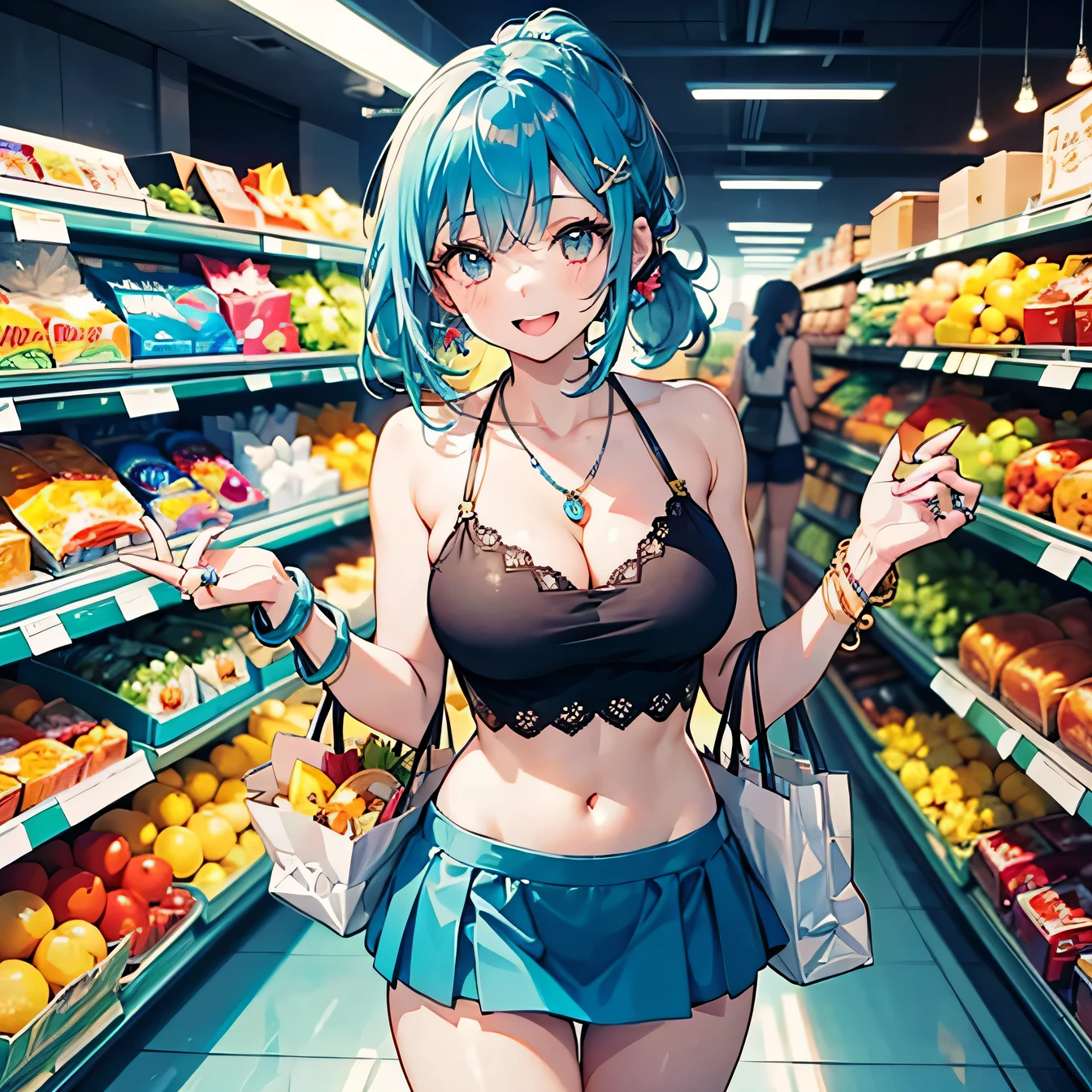 Anime Moe Art Style,highest quality,High resolution,Anatomically correct,One Girl,-teegirl with light blue hair in a ponytail,Super detailed,Fantasy-style world,Halter neck tops,mini skirt,Big Breasts,Laughing with your mouth open,Buying groceries,Eyes drawn in detail,hair ornaments,necklace,bracelet,ring,8K
