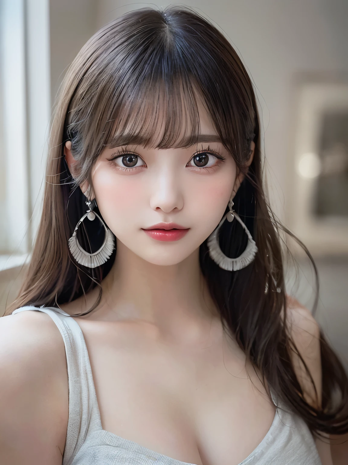Mastepiece, Best quality, Night Sky Ultra High Resolution, Highly detailed portrait, (Photorealistic photography: 1.4), (One girl) ((One girl, White fair skin, Esbian all over, 20 years old, Quite, Cute, , Shiny black hair, same, )) It's attractive (portrait of a Quite actress), (Happy, Energetic,, High detailed Eyes,, ((Long neck, Bangs, Bangs, Quite face, Gaze looking at the camera, False eyelashes, Eyes, Clear Eyes, Clear eyelids,, Lip gloss))、Solo,,Black Eyeodel pose、Natural light、、smile、(natural side lighting、Cinema Lighting)、Symmetrical cute face、)、Earrings、Beautiful Hair、Facial beauty、Detailed eyes、Beautiful clavicle、Beautiful body、 Beautiful fingers,Diffused glow, Depth of written border, Professional Lighting、Big eyes、、((Random Hair))、SakuraFubuki、((Cowboy Shot))、Big Breasts、Japanese muted color round decorative elements、overlap、Soft Shadows、Flat composition、Focus on the center piece、Steel Blue、Slate Gray、Charcoal、off whiteのカラーパレット、minimalist design、Abstract、Visual softness、sense of cleanliness、Simple yet sophisticated、Balanced and harmonious colours、Suitable for modern interior design、It creates a calm and relaxing atmosphere、Complements the calm interior colors、Adds a subtle finishing touch and tranquility to a room、A perfect living room decor accent、Incorporate gentle curves and flowing lines for an inviting atmosphere. ■English Circular decorative elements in muted colors、overlap、Soft Shadows、Flat composition、Focus on the center、Steel Blueのカラーパレット、slate gray、Charcoal、off white、minimalist design、Abstract、Visual softness、Cleanliness、Simple yet sophisticated、Balanced and harmonious colors、Suitable for modern interior design、Creates a calm and relaxed atmosphere、Complements neutral interior colors、Add a subtle touch of sophistication and tranquility to your room、Perfect as a decorative accent for your living room、Gentle curves and flowing lines create an appealing atmosphere.