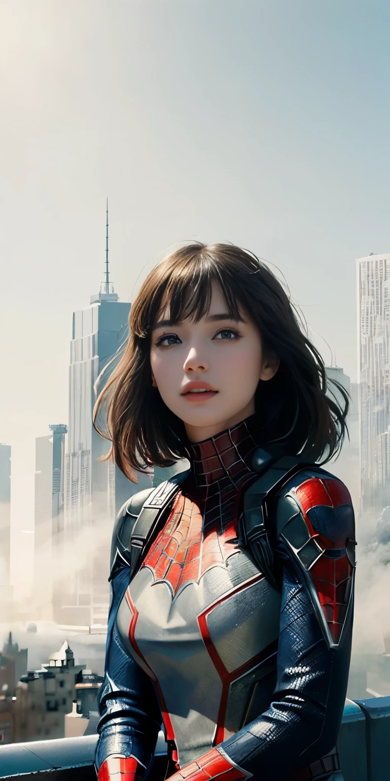 (1girl:1.3), Solo, (((Very detailed face)))), ((Very detailed eyes and face)))), Beautiful detail eyes, Body parts__, Official art, Unified 8k wallpaper, Super detailed, beautiful and beautiful, beautiful, masterpiece, best quality, original, masterpiece, super fine photo, best quality, super high resolution, realistic realism, sunlight, full body portrait, amazing beauty, dynamic pose, delicate face, vibrant eyes, (from the front), She wears Spider-Man suit, red and black color scheme, spider, very detailed city roof background, rooftop, overlooking the city, detailed face, detailed complex busy background, messy, gorgeous, milky white, highly detailed skin, realistic skin details, visible pores, clear focus, volumetric fog, 8k uhd, DSLR, high quality, film grain, fair skin, photo realism, lomography, futuristic dystopian megalopolis, translucent