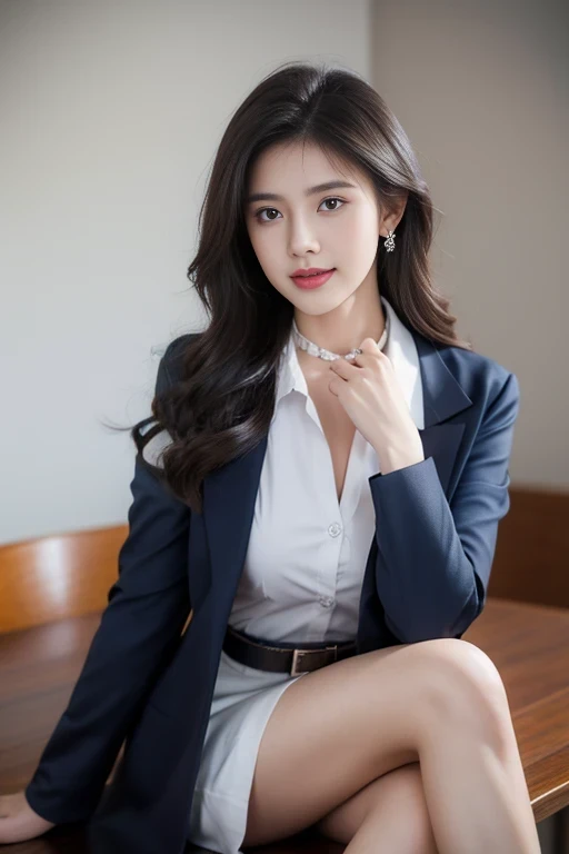 8K, RAW photo, photorealistic, realistic, highest quality, masterpiece, sharp focus, real person, ultra high resolution, 1 girl, Japanese, 20-year-old, Very beautiful face and body, small eyes and pupils, compensate, Red shiny lips, brown hair, earrings, mature, sexy, cute, wonderful, intellectual, smile, Slim face and body, fair and clean skin, Tailored jacket in navy blue, white shirt with collar, navy blue skirt, whole body, Viewer walking forward, At the office, daytime, Natural light