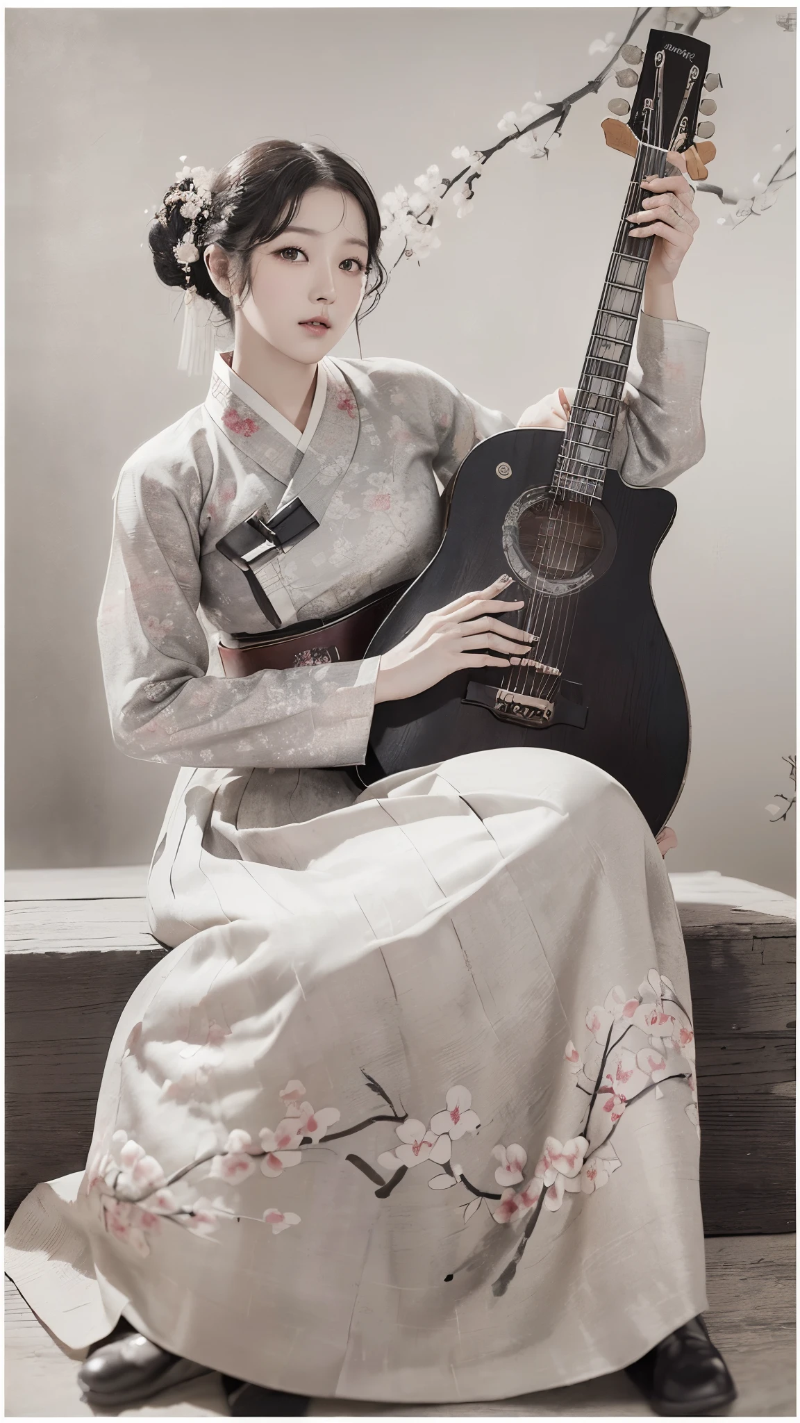 (best quality, 8K, masterpiece: 1.3), ((((((incredibly large breasts: 0.60))))), hairpin, (beautiful face:1.3), plum blossom ink painting background,authentic hanbok, 1920s photography studio, (It feels like a faded photograph: 1.4), Old photos, laugh, black and white photography, play the guitar, korea