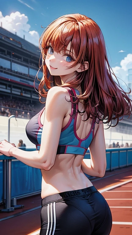 ((highest quality)), ((masterpiece)), (detailed), (Character Focus、breast focus), (One Girl: 1.5)、4k、((Symmetrical facial features)), Anime 2D Rendering, Realistic young anime woman, Perfect Face, (Anime eyes:1.2、Beautiful fine details、Shining Eyes), Beautiful body, Beautiful thighs, Beautiful feet, (Beautiful white skin:1.2)、Perfect round butt、 Slightly larger breasts、Red hair、(Long Curly Hair)、Dark blue eyes、(Athletics、Racing Bra:1.4、Racing Pants:1.4)、 Captivating smile、Face towards the viewer、turn around、