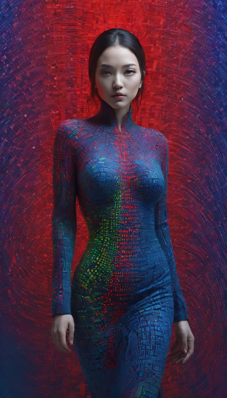 Half Body. high quality, 8K Ultra HD,Imagine a vibrant canvas illuminated by a stream of colorful binary code, Digital human from binary code,Form the silhouette of an attractive naked woman. Shy laugh, She didn't wear anything. Dynamic lines and patterns, Reminiscent of digital dance, Weaving together,Creating a fusion of technology and art, Background with binary code, Hues range from electric blue to bright red and vivid green, Breathing life into the female form, Her silhouette is a combination of digital and organic, Proves that your masterpiece perfectly combines technology and beauty, By Xueying, High Detail,