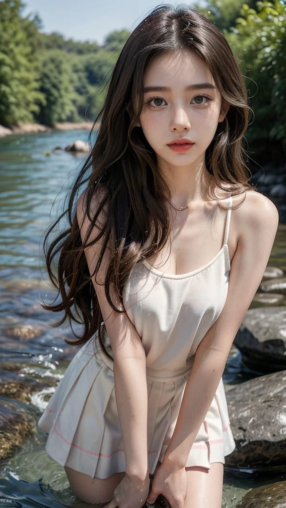 High-resolution photo + DOF + Beautiful sunny day + Very clear river + Deep forest + Korean girl, half-Japanese + + Bright light brown eyes + Black hair mixed with light brown + Long curly hair + Multi-colored hair at the end + No makeup + white skin with aura + thin light pink lips + a slight smile + thin body + tank top + short skirt + white and pink dress + wet shirt + wet body + standing and bending over hands and knees to play in the water + Going down the river + having fun + clear, strong waves + water splashing on her body