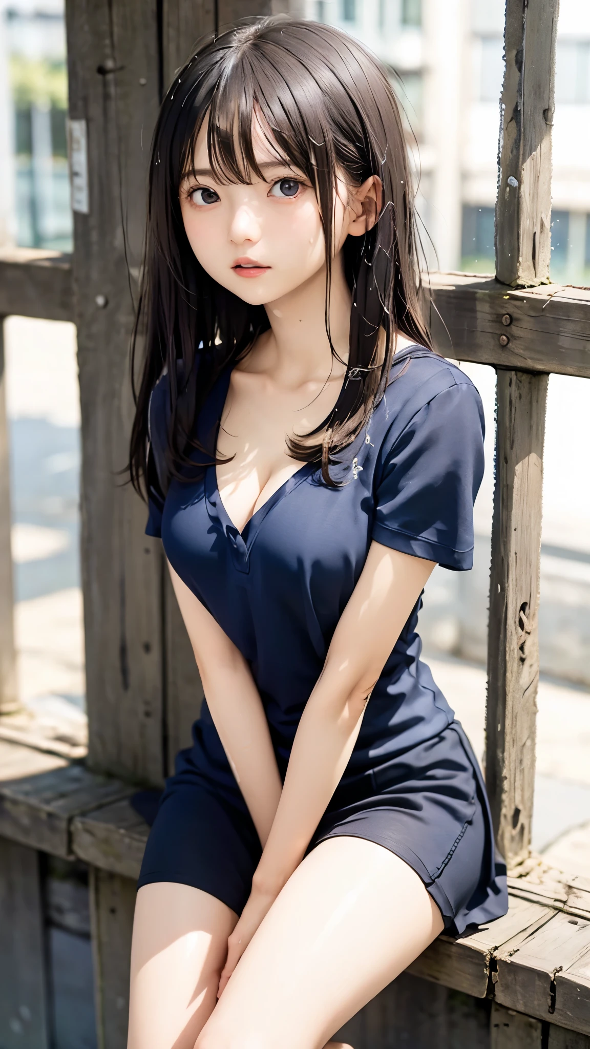 highest quality、8k quality、20-year-old woman covering her breasts with her hands、Deep U-neck T-shirt、Short skirt、Beautiful thighs、Soft breasts、Looking up at the photographer、Bend on one knee、Shot from the top of the front、Well-groomed, mature face、Beautiful cleavage、Thin fabric、High definition skin、Thinly opened mouth、Wet lips、Frontal sunlight