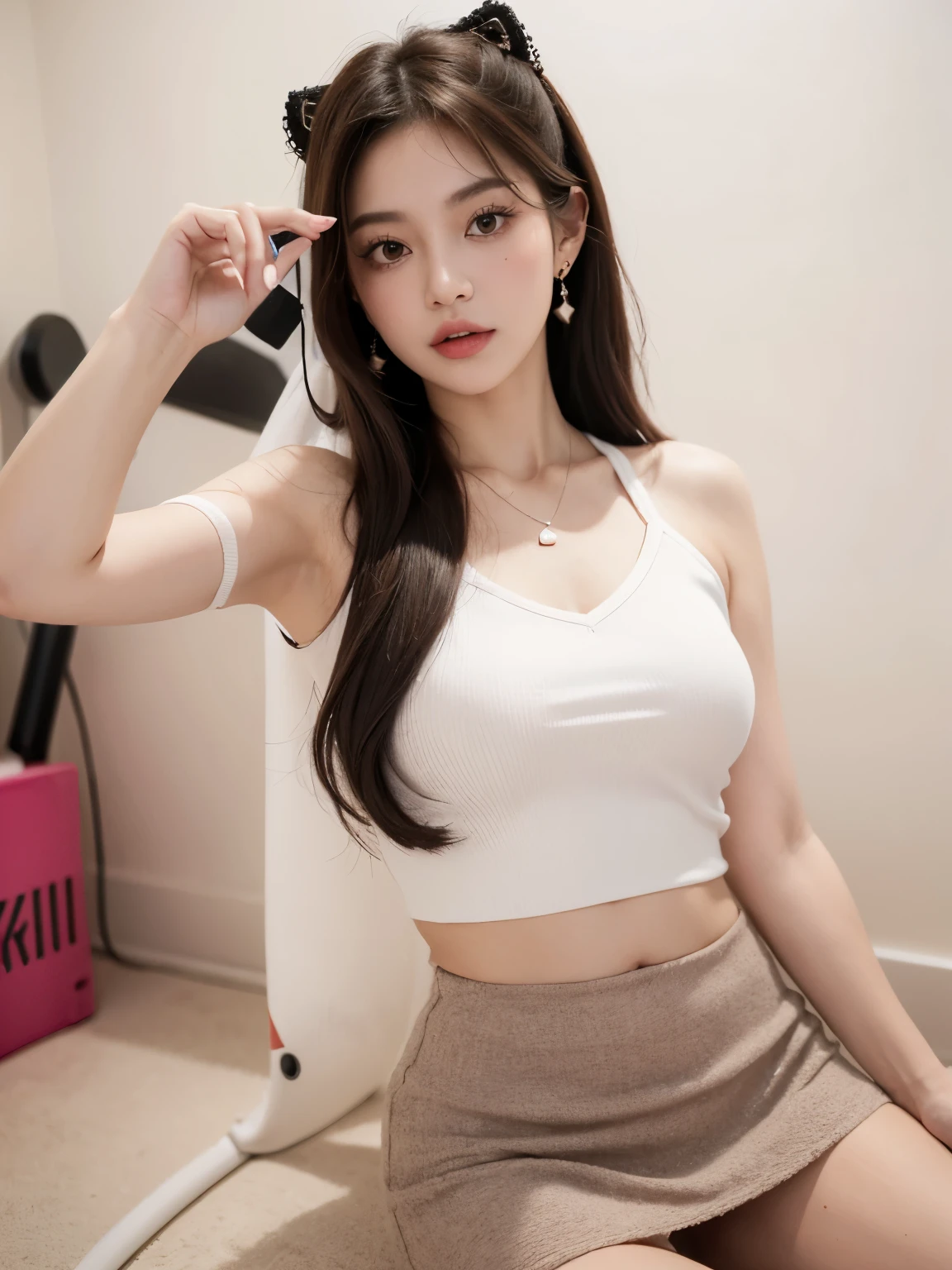 Kim Jennie with white brown hair, con rulos en las puntas, with two bows on each side of the hair, all her hair white brown, with a star clip in her white brown hair, ojos de color claro, ojos bonitos, ojos llorosos, nariz bonita y respingada, nariz lloroso, labios bonitos, labios rosas, heart and cupid shaped lip, piel bonita, pale, piel blanca, con lunares y pecas en todo el rostro, rubor rosa suave en las mejilla, rubor rosa natural, maquillaje suave y rosa, jennie, cuello bonito, cuello marcado, frown, mirada tierna, con un collar de beso, un collar bonito de beso, parecido a Yumeko Jabami, mientras lleva puesto un Crochet YK2, de lana, with a YK2 style brown mini skirt, mientras lleva una casaca con estampados de ositos, mientras tiene el abdomen desnudo, delgado, marcado y bonito, (pechos grandes, pechos suaves, pechos bonitos), mientras esta haciendo cospaly del personaje Yumeko Jabami, del anime Kakegurui, mirando a la camara, autofoto, selfie bonita