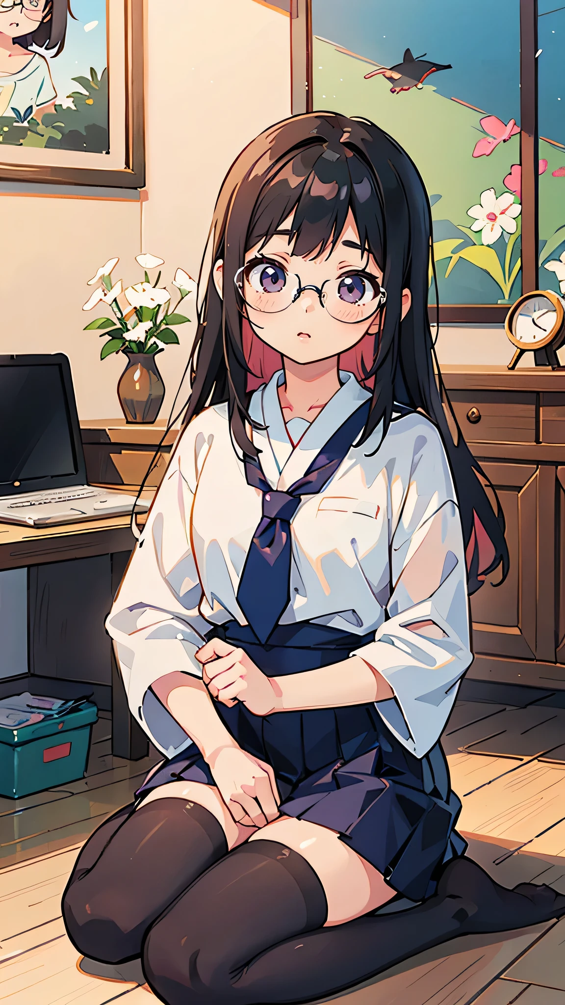 Anime girl Wear glasses sitting on the floor in a room, Realistic anime art style, Enchanting anime girl, Beautiful anime school girl, Anime girl crouching, Realistic anime art style, Anime Moe Art Style, realistic Young Anime Girl, Beautiful Anime Girls, Digital anime illustration, Anime Girl Portrait, Beautiful anime portraits, Young Anime Girl, Attractive anime girl,There is a woman sitting cross-legged on the floor...., Wear glasses, Wear glasses on, Japanese Model, Wear glassesいた, Surreal , A real young gravure idol, Geeky look, Wear glassesいる, Young Sensual Gravure Idol, Surreal , Yoshitomo Nara, Ilya Kuvshinov with long hair, Realistic anime 3D style, Realistic anime art style, Realistic anime art style, Digital art by Ilya Kuvshinov, Beautiful anime portraits, Realistic Young Anime Girl, Ilya Kuvshinov Style, Anime realism style, Anime Girl Portrait,Shiny silver,Mole under left eye,Cute freckles on the cheeks,((Beautiful Skin)),((Skin Texture)),((Real Touch)),Impressive black stockings,Tie your hair with a rubber band,