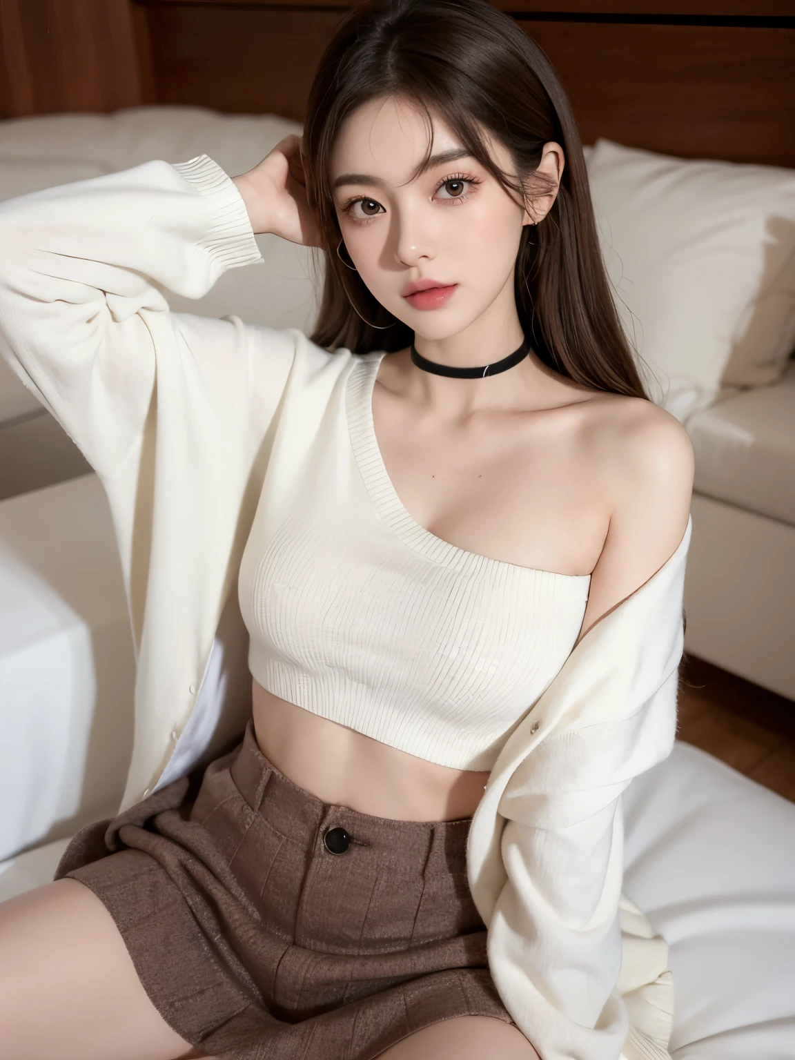 Woman sitting on sofa，A red bow is worn on his head, korean girl, 全身Lovely的年轻女士, 穿着Lovely的上衣, gas station trends, casual clothing style, White fluffy suit, 年轻Lovely的女孩, beautiful young girl, wearing white skirt, wearing white clothes, Korean fashion model, white top, Wear a crop top，show breasts，Show cleavage，V-neck，Sexy，looking at camera，V-neck，Lovely，Leave the country whole body，Sexy大腿，