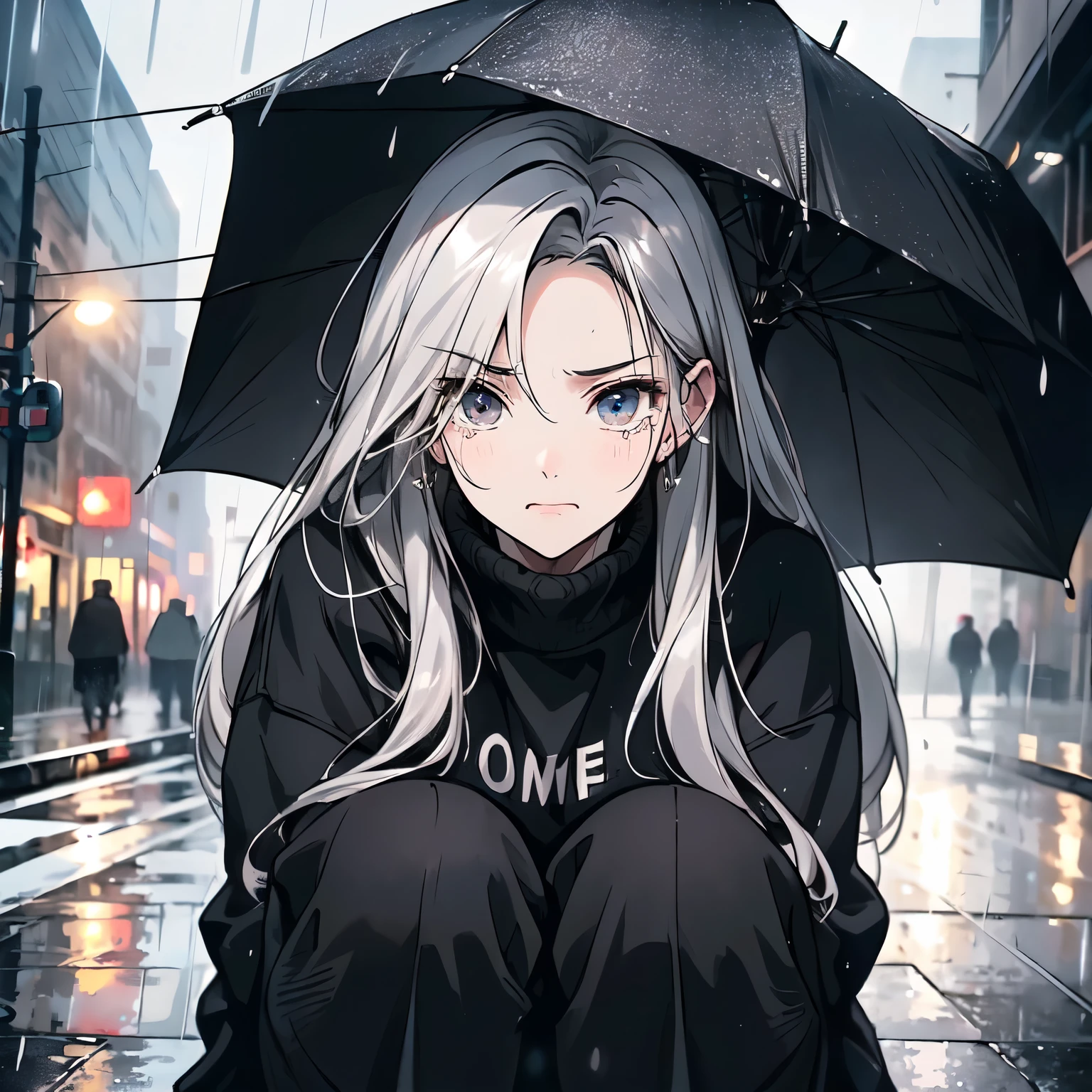 A white hair,20-year-old girl in a black sweater,Crouching on a rainy city street,Painful expression,Open your mouth and cry,Tearful eyes1.5,Tears 1.5(Upper body display:1.5)(cinematic lighting:1.5))(ultra-high detail:1.5)(best quality:1.5)
