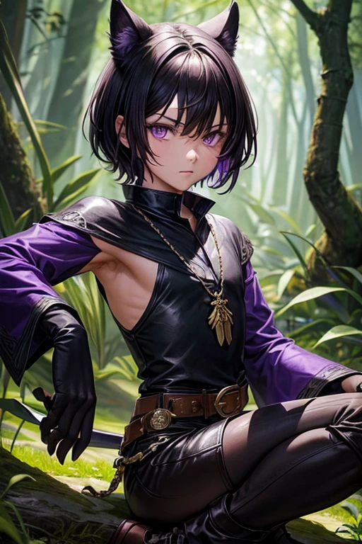 5  semi human beast boy with short black hair, peinado desorenado con orejas de lobo en la cabeza ,  medieval purple hunter clothing purple eyes holding a dagger brown shoes brown leather belt jade ornaments black wolf tail in forest background with magical symbols