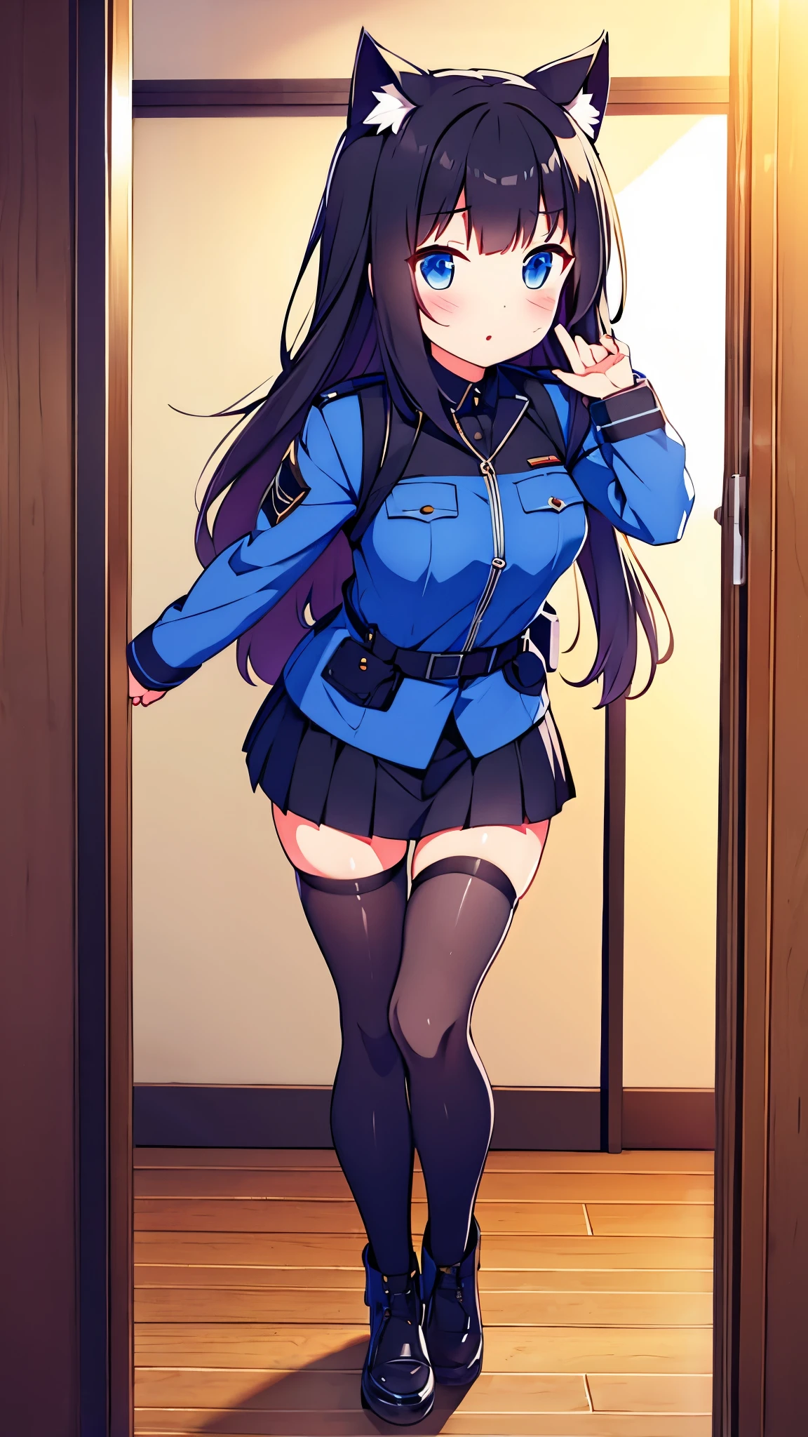 Vtuber blue eyes black hair cat ears in military tactical uniform short skirt black stockings in room 