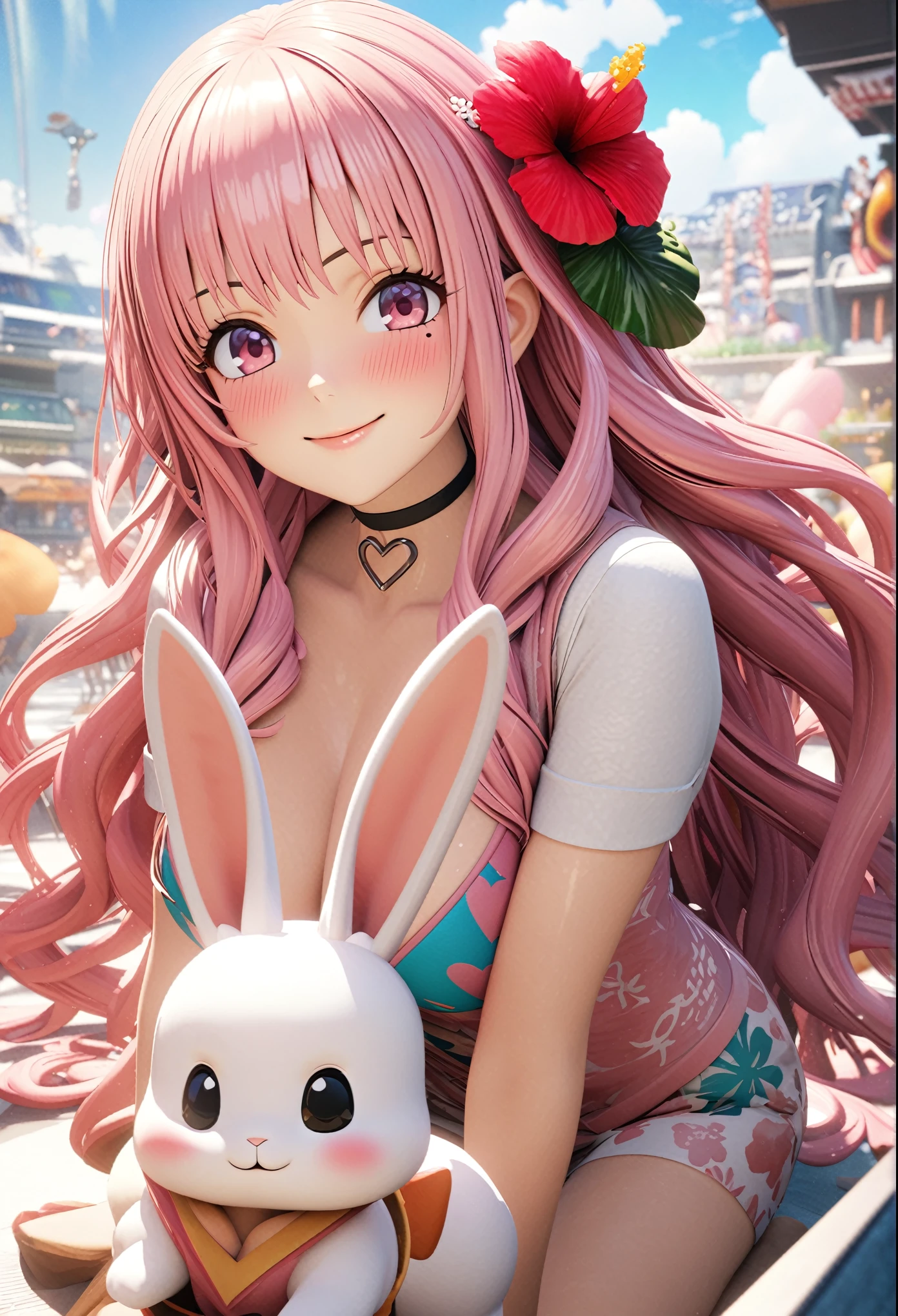 masterpiece, highest quality, Very detailed, High resolution, An expensive solution, High resolution, 4K, 8k, unity 8k wallpaper, Very detailed CG, masterpiece,  2D, 3D, Beautiful details, depth, Fine texture, highest quality: 1.3, Total concentration, Crisp skin, he, Very cute anime rabbit, A cute rabbit like an idol, expensive pink long hair, One Girl, Aloha One Piece, morning, morning食, hibiscus hair accessory, Smiling long pink hair, whole body, Mole under the eye, Line Sight, expensive, blush, Lips parted, heart, Pink Eyes, choker