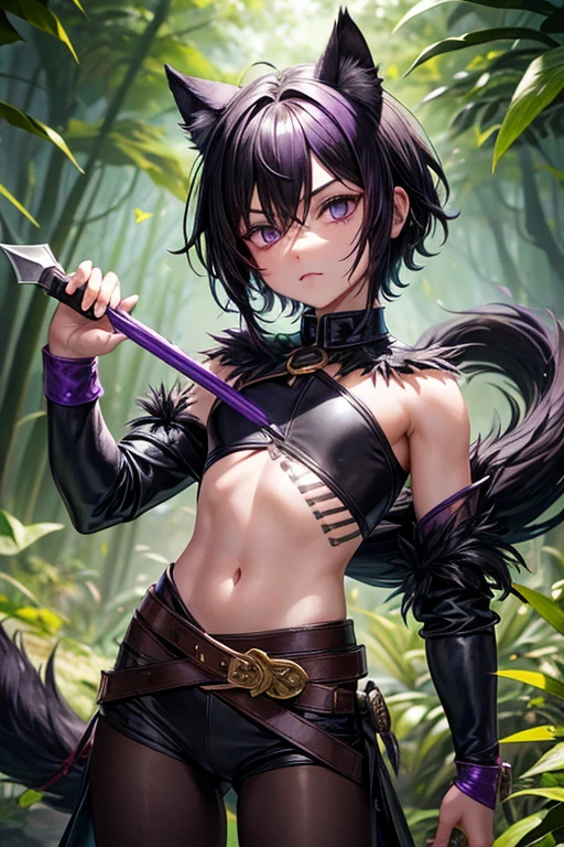 5 year old semi human beast boy with short black hair, peinado desorenado con orejas de lobo en la cabeza ,  medieval purple hunter clothing purple eyes holding a dagger brown shoes brown leather belt jade ornaments black wolf tail in forest background with magical symbols