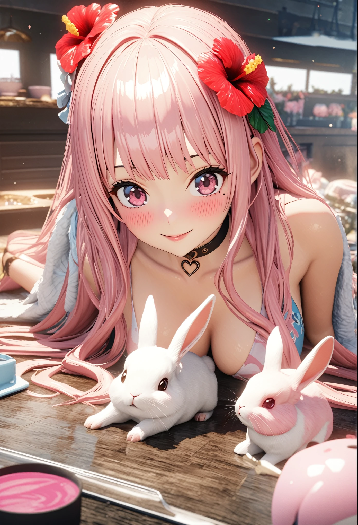 masterpiece, highest quality, Very detailed, High resolution, An expensive solution, High resolution, 4K, 8k, unity 8k wallpaper, Very detailed CG, masterpiece, 2D, 3D, Beautiful details, depth, Fine texture, highest quality: 1.3, Total concentration, Crisp skin, he, Very cute anime rabbit, A cute rabbit like an idol, expensive pink long hair, One Girl, Aloha One Piece, morning, morning食, Hibiscus Hair Accessories, Smiling long pink hair, whole body, Mole under the eye, Line Sight, expensive, blush, Lips parted, heart, Pink Eyes, choker