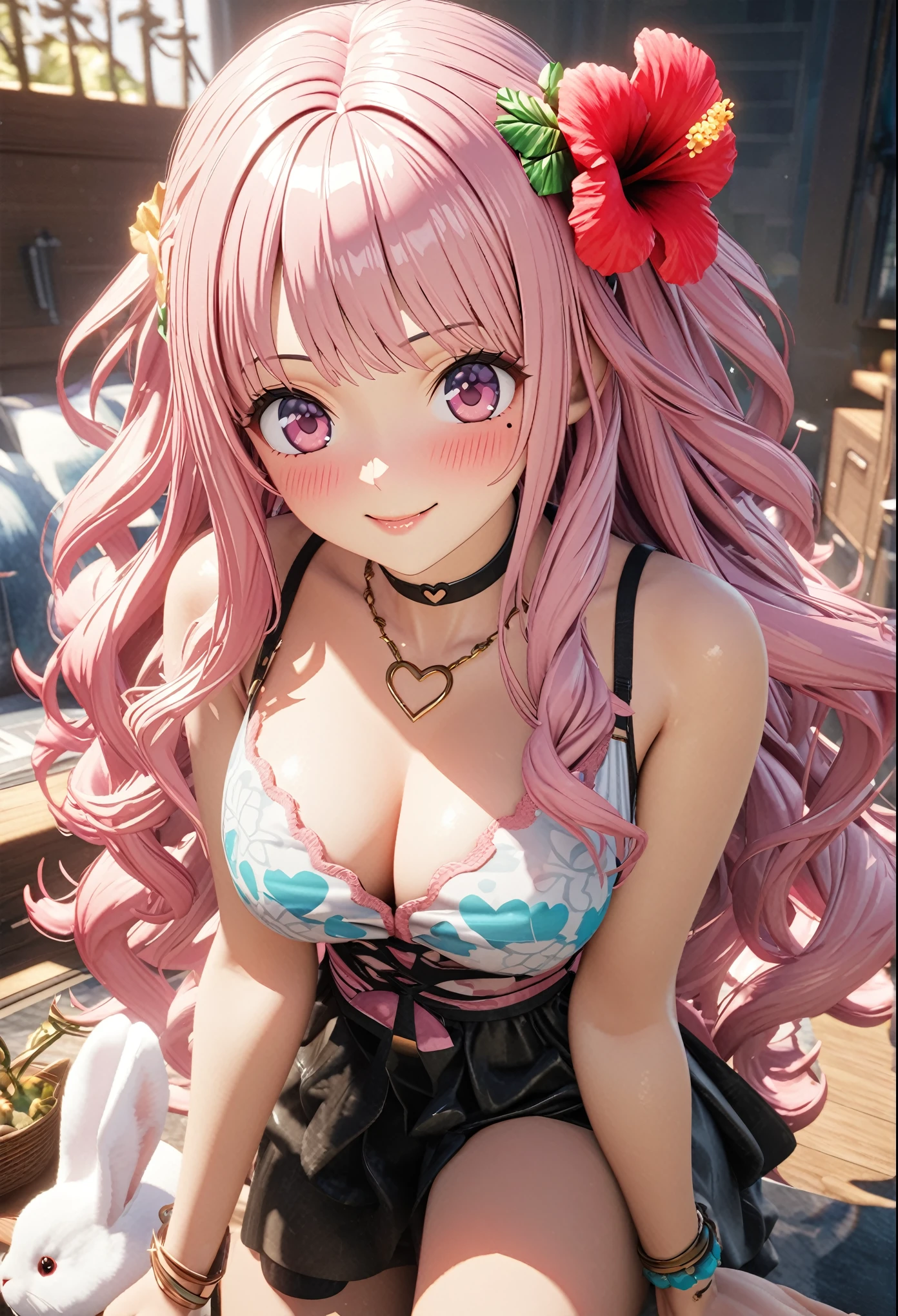 masterpiece, highest quality, Very detailed, High resolution, An expensive solution, High resolution, 4K, 8k, unity 8k wallpaper, Very detailed CG, masterpiece, 2D, 3D, Beautiful details, depth, Fine texture, highest quality: 1.3, Total concentration, Crisp skin, he, Very cute anime rabbit, A cute rabbit like an idol, expensive pink long hair, One Girl, Aloha One Piece, morning, morning食, Hibiscus Hair Accessories, Smiling long pink hair, whole body, Mole under the eye, Line Sight, expensive, blush, Lips parted, heart, Pink Eyes, choker