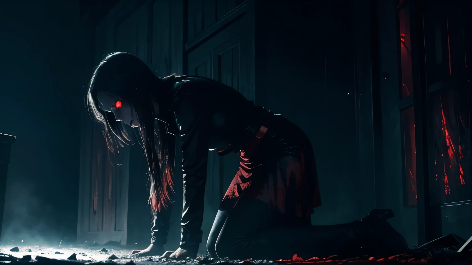 best quality, ultra-detailed, realistic, horror, dark, eerie, glowing eyes, blood, scary female spirit, kneeling down, eating flesh, night atmosphere, cinematic, poster-like, blue-red colour combination, 4k, hyperrealistic nightmare scene, there's a house behind her.