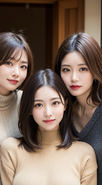 Tabletop, highest quality, Photorealistic, finely, High resolution, 8k wallpaper, Perfect dynamic composition, Beautiful and beautiful eyes, Medium Hair, Big and ample breasts, Random sexy poses,Random Situation、(Tight Beige Knitwear)、(Breast Swelling 1.2)、smile、((Five women, aged 55))、((5 mature adult women))、(Droopy Eyes 1.3)、Mature adult beauty、Japanese,