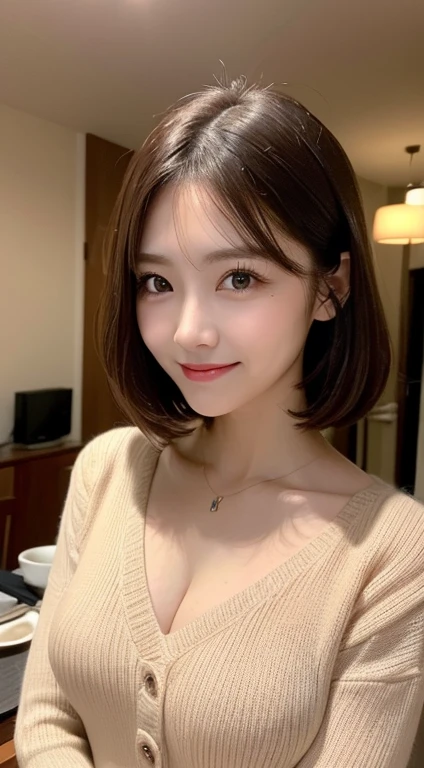 Tabletop, highest quality, Photorealistic, finely, High resolution, 8k wallpaper, Perfect dynamic composition, Beautiful and beautiful eyes, Medium Hair, Big and ample breasts, Random sexy poses,Random Situation、(Tight Beige Knitwear)、(Breast Swelling 1.2)、smile、((Five women, aged 55))、((5 mature adult women))、(Droopy Eyes 1.3)、Mature adult beauty、Japanese,