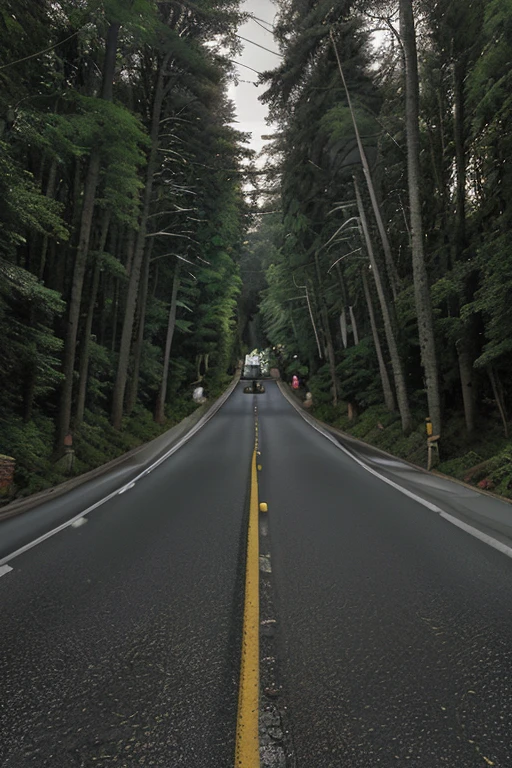 arafed road with trees and street lights on both sides, hilly road, unobstructed road, road between tall trees, sloped street, paved roads, empty road in the middle, accurate roads, road between hills, road in a forest road, the road, road, country road, wide roads, on a road, long road, empty road