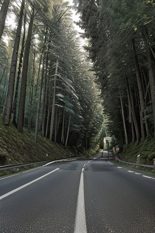 arafed road with trees and street lights on both sides, hilly road, unobstructed road, road between tall trees, sloped street, paved roads, empty road in the middle, accurate roads, road between hills, road in a forest road, the road, road, country road, wide roads, on a road, long road, empty road