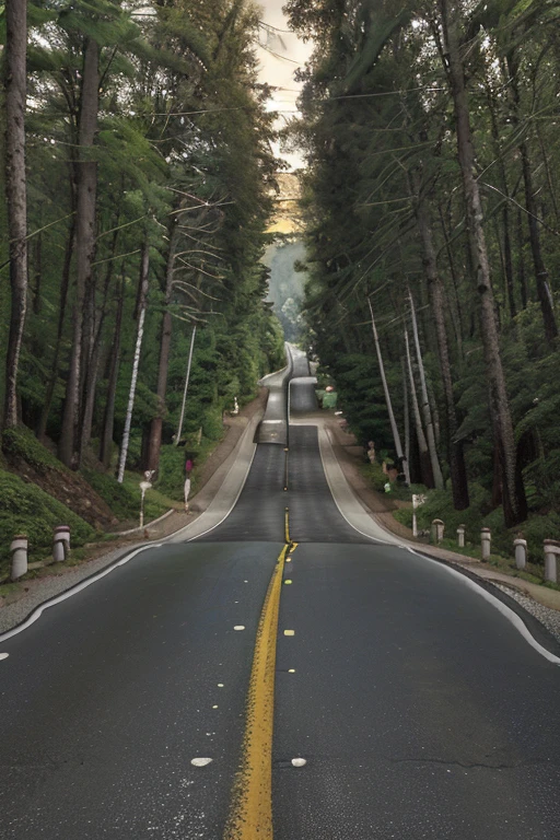 arafed road with trees and street lights on both sides, hilly road, unobstructed road, road between tall trees, sloped street, paved roads, empty road in the middle, accurate roads, road between hills, road in a forest road, the road, road, country road, wide roads, on a road, long road, empty road