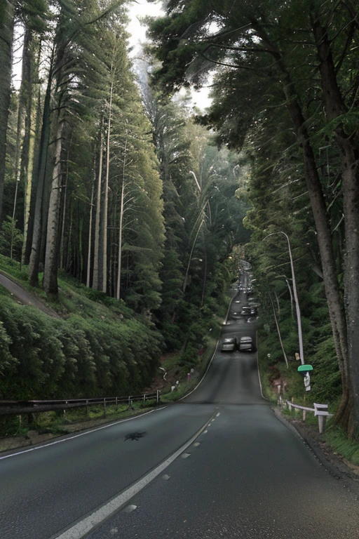 arafed road with trees and street lights on both sides, hilly road, unobstructed road, road between tall trees, sloped street, paved roads, empty road in the middle, accurate roads, road between hills, road in a forest road, the road, road, country road, wide roads, on a road, long road, empty road