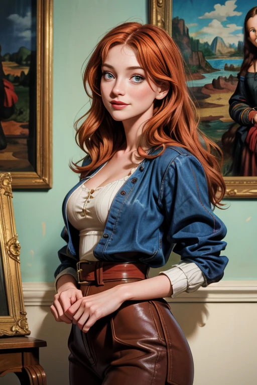 une femme de 25 ans, rousse, sexy, romantic smile, HD, 8k, masterpiece, a lot of details, la Joconde, Mona Lisa, posant, atelier de peinture, peinture sur les murs