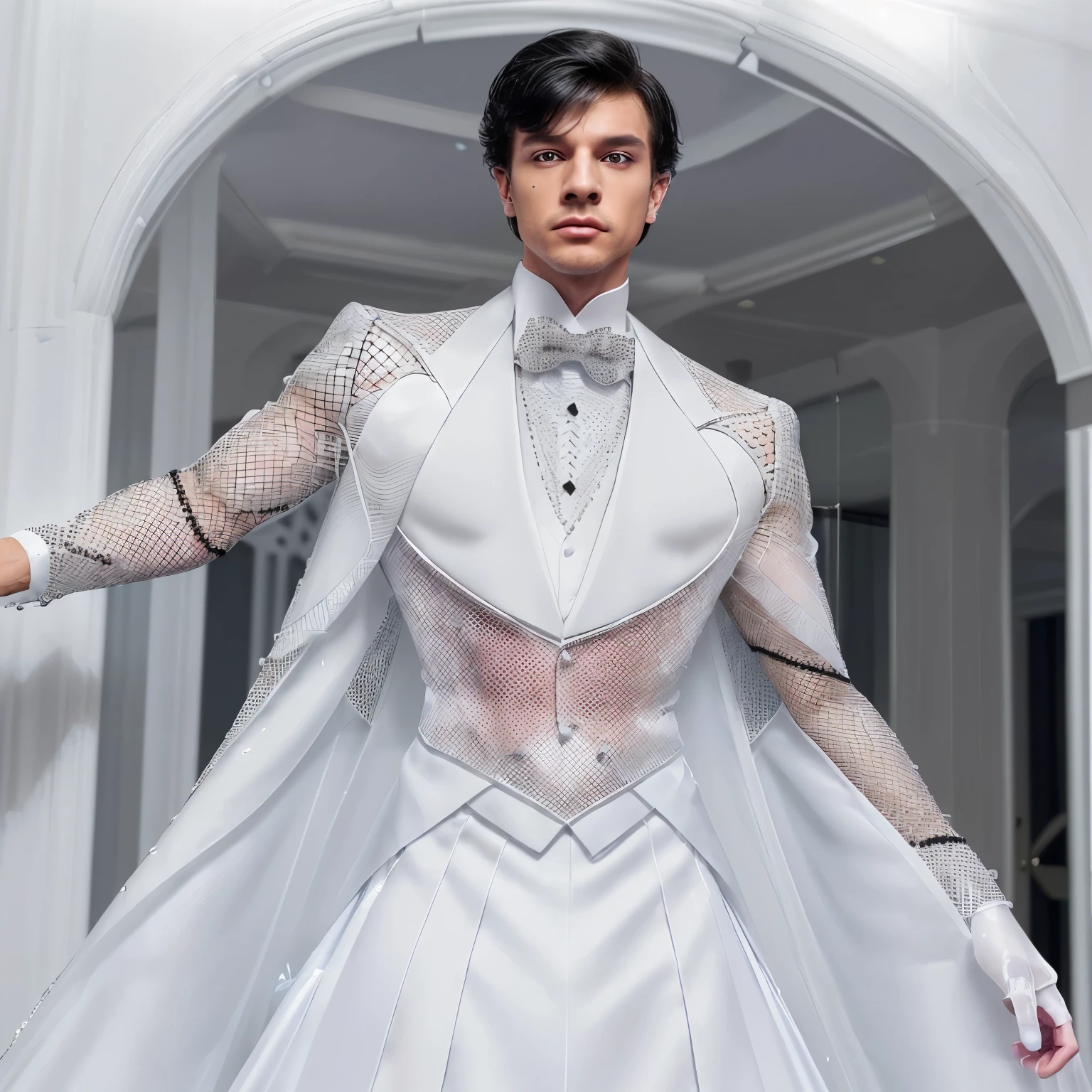 I'm gay men and i want to make an outfit for upcoming prom. I want a mesh (inside) and tuxedo and i also want like a cape. i want white outfit but the mesh is black. I want a design in my tuxedo (like crystal or something bright) and accessories is necklace and earpiece (not dress outfit) (mesh inside then white tuxedo and then mesh white cape)