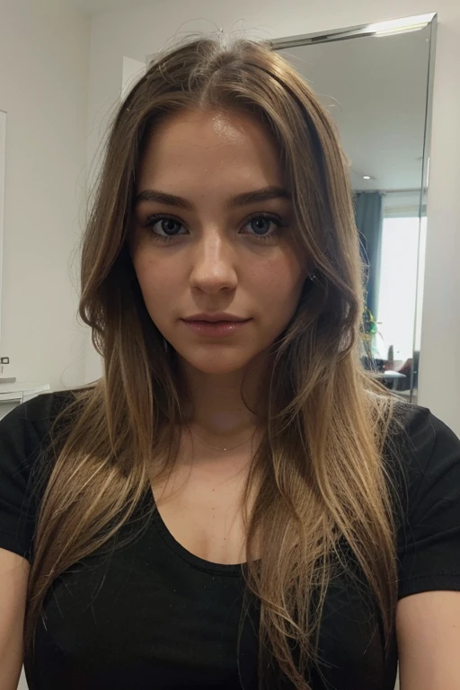 Une femme blonde de 23 ans, ((gros seins)), ((hyperréalisme)) ,. blonde hair with light brown roots. cheveux blond, Cheveux aux racines brunes, very long hair, very long hair, very long hair, Beau, vue de face, photo automatique, Photo prise avec iPhone, elegante camisa negra con encolure, Coupe-bas, photo automatique, high quality, photo automatique iPhone, encolure, yeux verts, full lips, centre commercial, selfie à travers le miroir, iphone noir