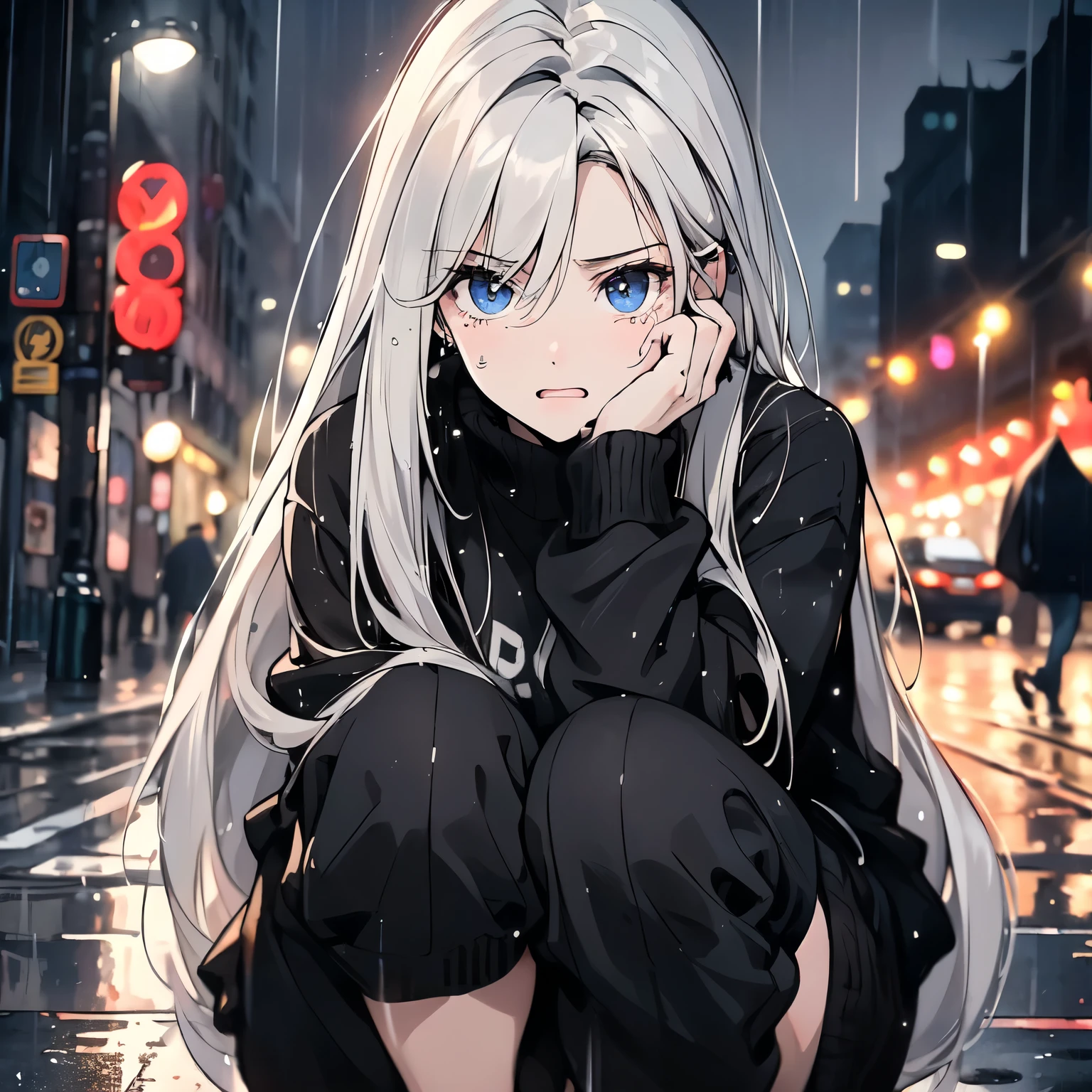 A white hair,20-year-old girl in a black sweater,Crouching on a rainy city street,Painful expression,Open your mouth and cry,Crying and Tears(Upper body display:1.5)(cinematic lighting:1.5))(ultra-high detail:1.5)(best quality:1.5)