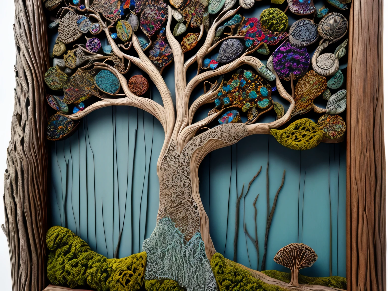 punch needle style, looped, textured, colorful, patterned ancient tree bark relief sculpture with intricate patterns of lichen and moss, set within a weathered wooden frame, rendered in photorealistic detail, surrounded by wisps of fog and subtle hints of moonlight, evoking a sense of mystical reverence, inspired by the works of environmental installation artists.