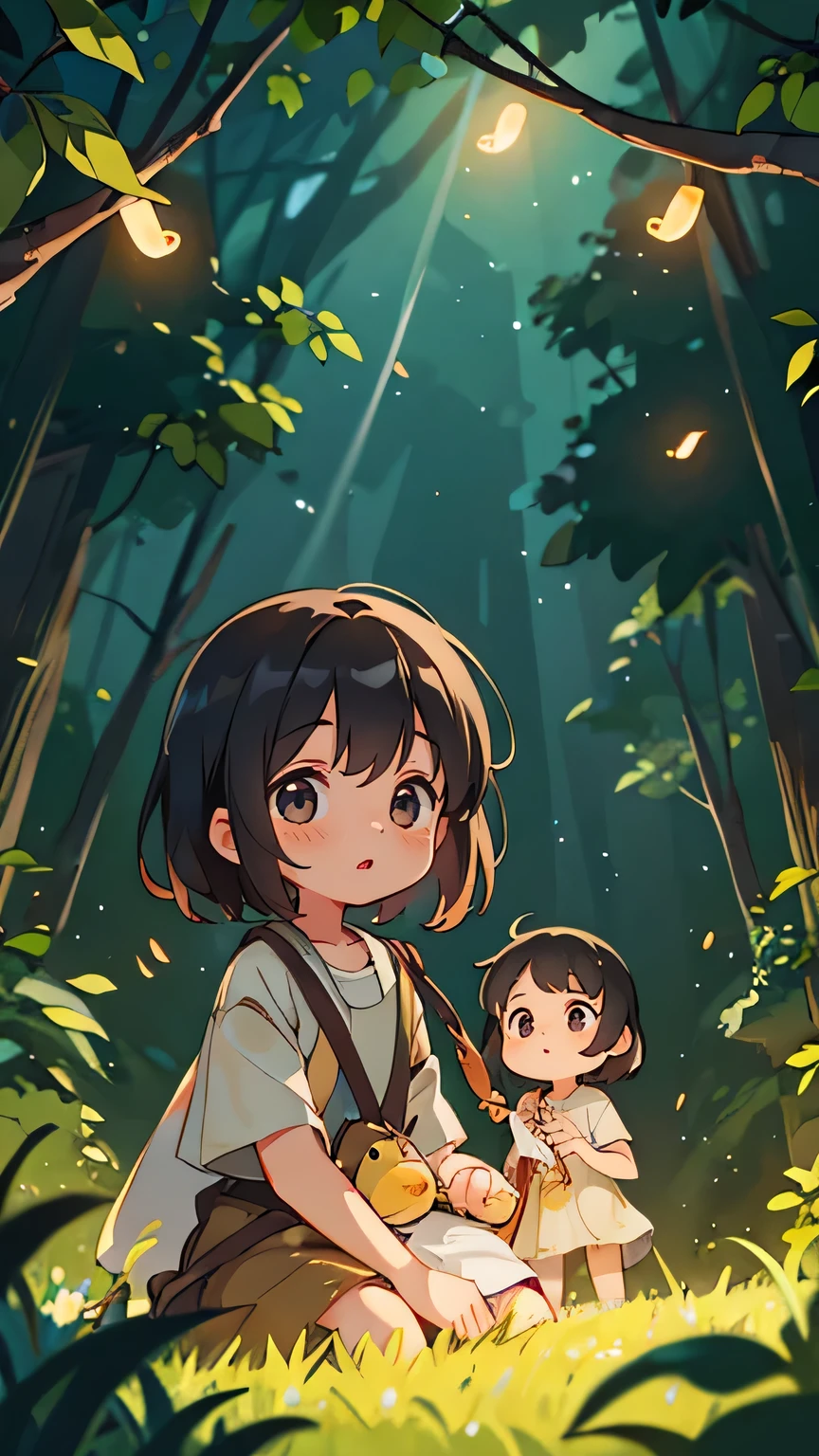 Many fireflies fly around on summer nights., Two girls chasing it, Her mother is nearby watching.., The girl follows the light of the fireflies with her eyes, The firefly's light shines pastel green..,